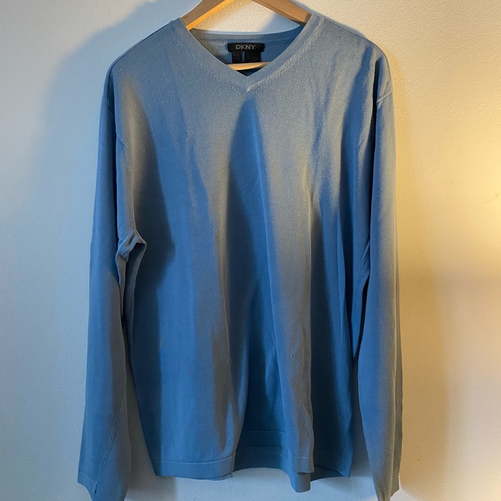 DKNY Light Blue Viscose V-Neck Sweater, Large